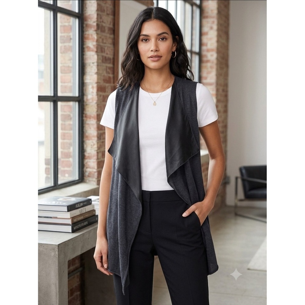 Eileen Fisher Black Linen & Silk Lightweight Open Front Cascade Sweater Vest XS